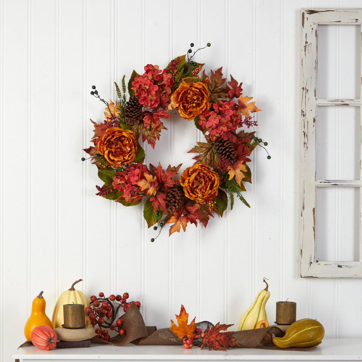 25” Fall Ranunculus, Hydrangea and Berries Autumn Artificial Wreath, photo 3 of 6