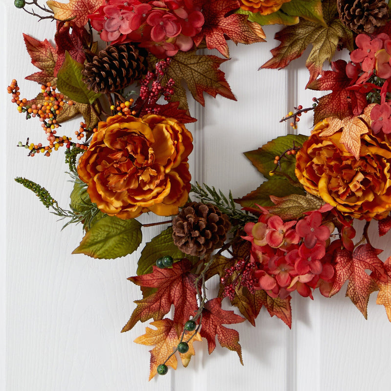 25” Fall Ranunculus, Hydrangea and Berries Autumn Artificial Wreath, photo 2 of 6