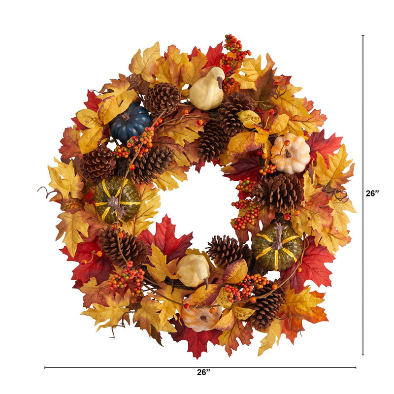 26” Fall Pumpkin, Gourd, Pinecone and Maple Leaf Artificial Autumn Wreath, photo 3 of 4