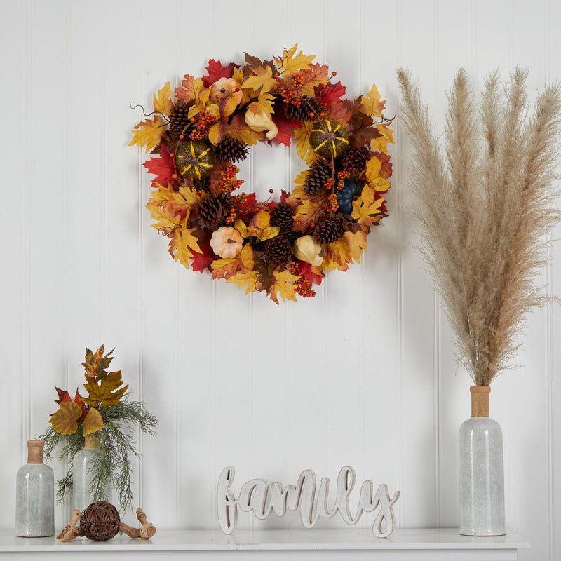 26” Fall Pumpkin, Gourd, Pinecone and Maple Leaf Artificial Autumn Wreath, photo 4 of 4