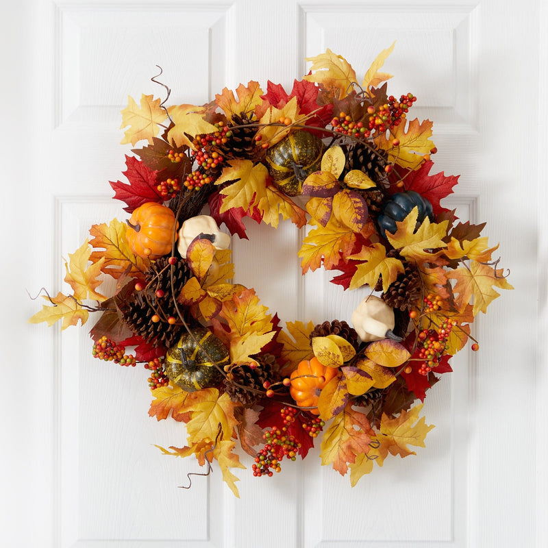 26” Fall Pumpkin, Gourd, Pinecone and Maple Leaf Artificial Autumn Wreath, photo 2 of 4