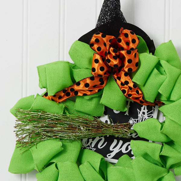 26" Halloween Witch Broom and Hat Mesh Wreath, photo 2 of 6