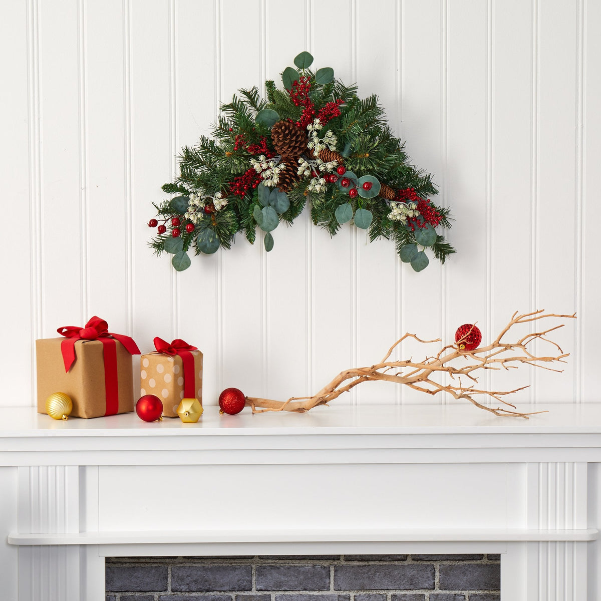 28” Eucalyptus and Pine Artificial Swag with Berries and Pine Cones, photo 3 of 3