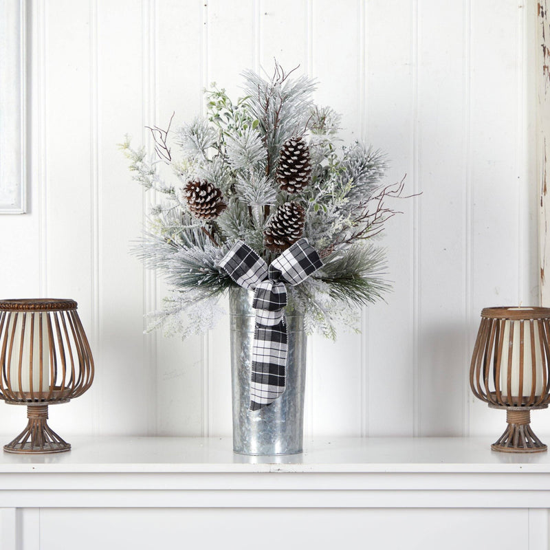 28” Frosted Greenery and Pinecone with Plaid Bow Artificial Christmas Arrangement in Decorative Tin