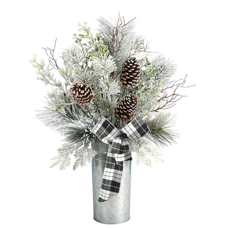 28” Frosted Greenery and Pinecone with Plaid Bow Artificial Christmas Arrangement in Decorative Tin