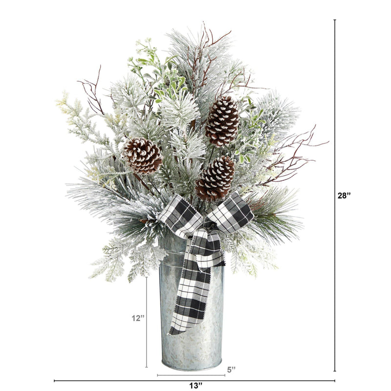 28” Frosted Greenery and Pinecone with Plaid Bow Artificial Christmas Arrangement in Decorative Tin