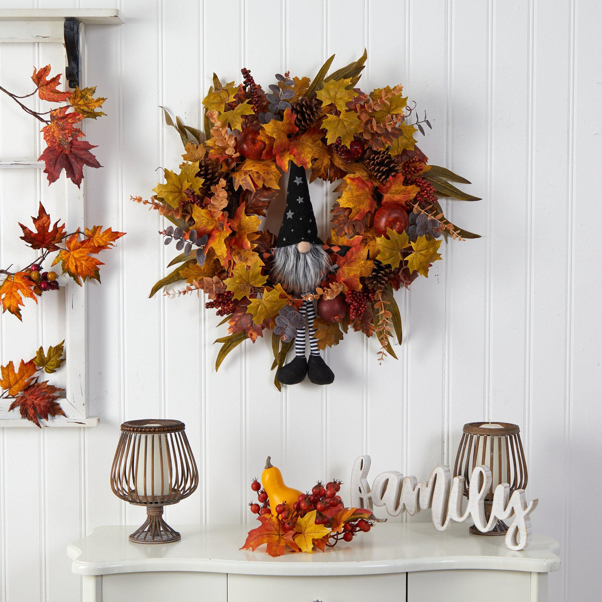 28" Harvest Fall Gnome Artificial Autumn Wreath, photo 3 of 5