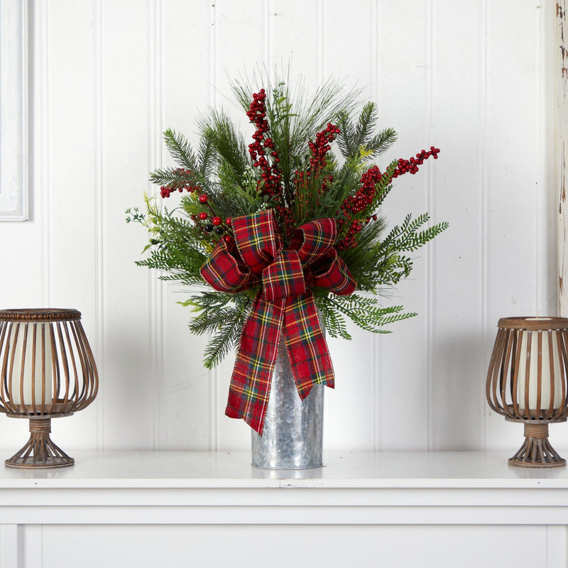 28” Holiday Winter Greenery, Berries and Plaid Bow Artificial Christmas Arrangement Home Décor