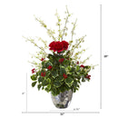 29” Rose, Cherry Blossom and Holly Leaf Artificial Arrangement in Silver Bowl