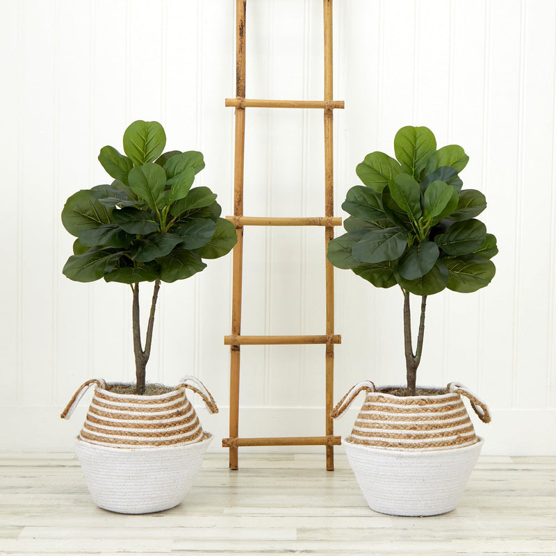 3’ Artificial Fiddle Leaf Fig Tree with Handmade Cotton & Jute Woven Planter DIY Kit - Set of 2