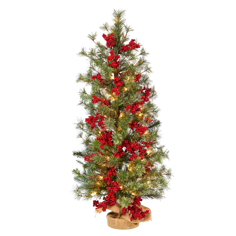 3’ Berry and Pine Artificial Christmas Tree with 50 Warm White Lights and Burlap Wrapped Base