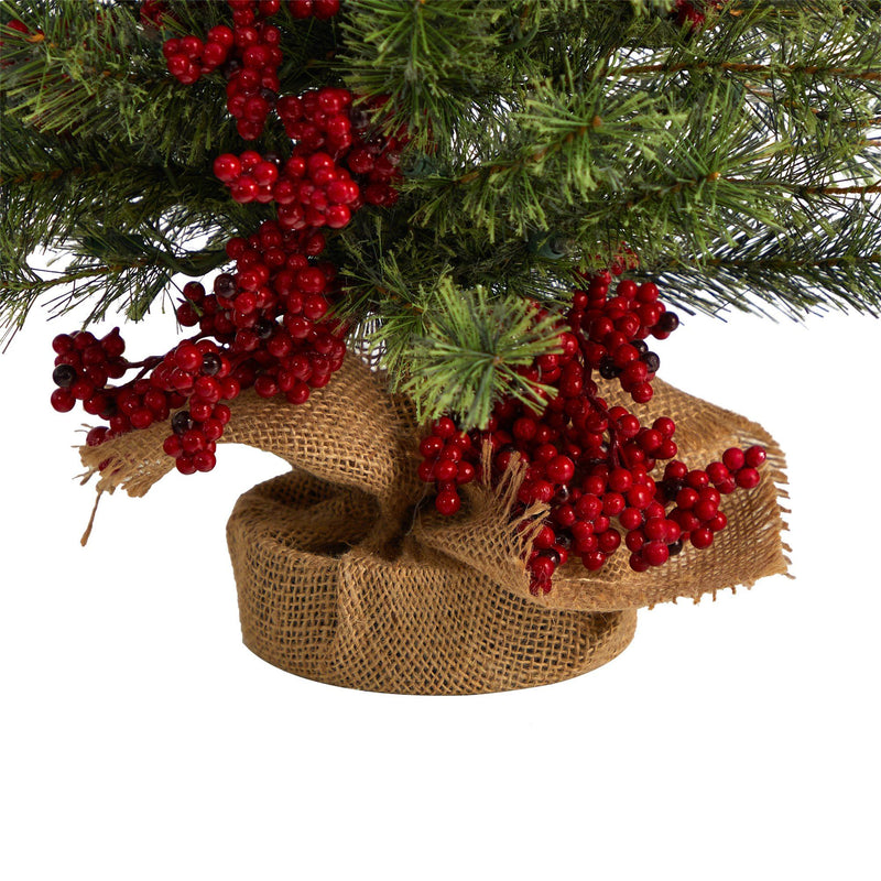 3’ Berry and Pine Artificial Christmas Tree with 50 Warm White Lights and Burlap Wrapped Base