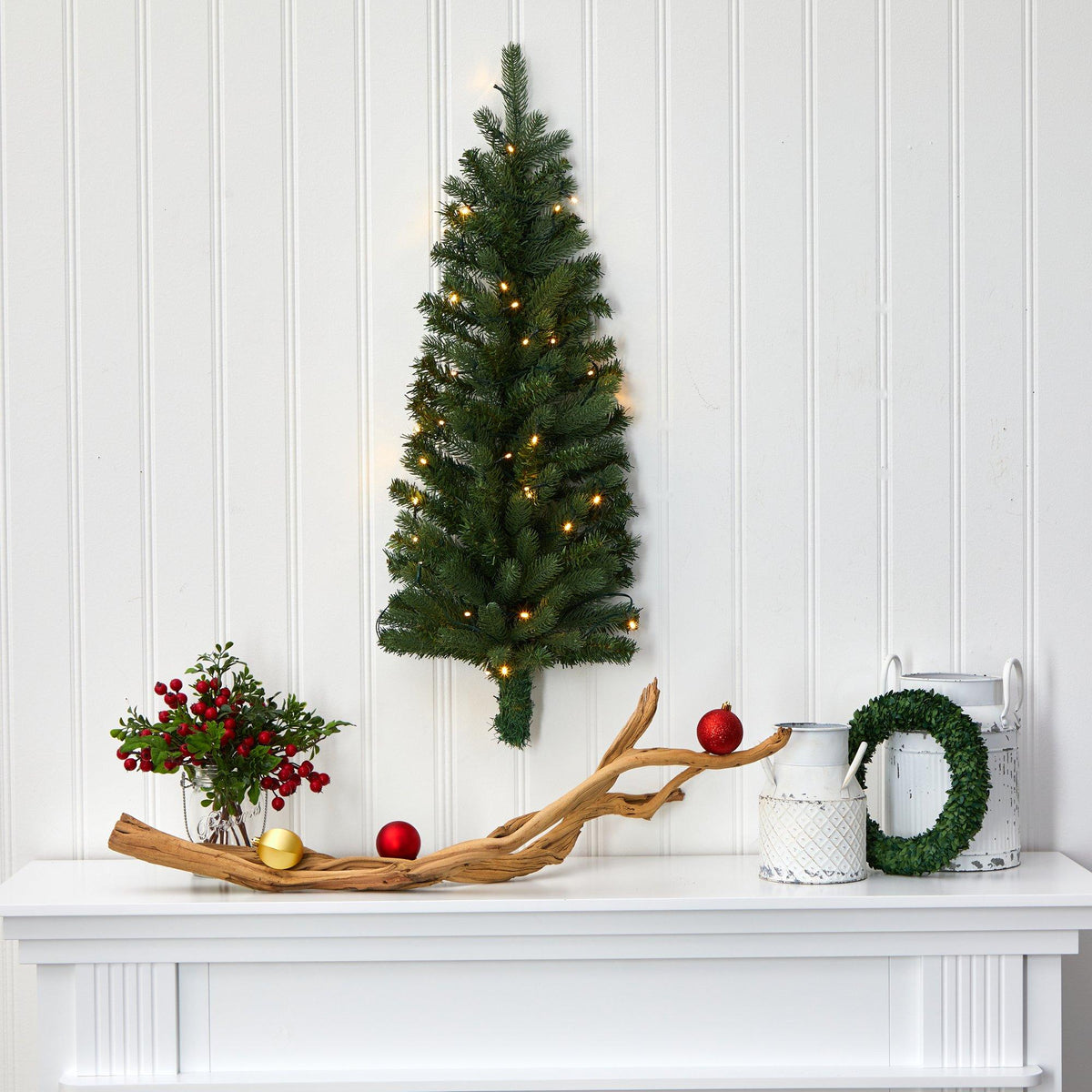 3' Flat Back Wall Hanging Artificial Christmas Tree with 35 Clear LED Lights, photo 6 of 7