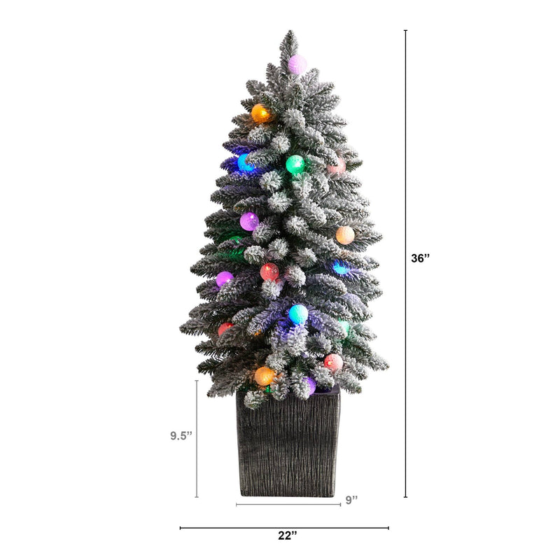 3’ Flocked Highland Fir Tree with 127 Branches and 20 LED Globe Lights in Decorative Planter