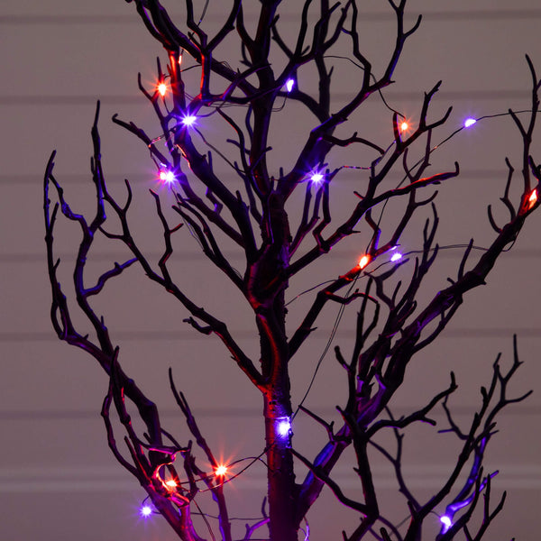 3' Pre-Lit Artificial Halloween Black Spooky Twig Tree with 100 Orange & Purple Copper Wire String LED Lights, photo 2 of 7