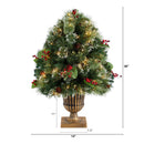 3' Holiday Pre-Lit Snow Tip Greenery, Berries and Pinecones Plant in Urn with 100 LED Lights