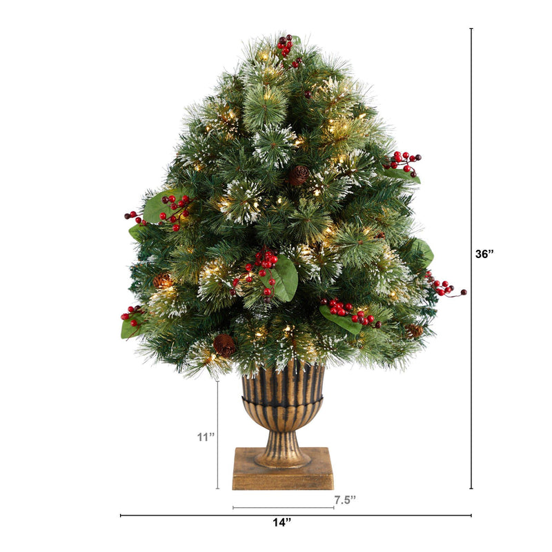 3' Holiday Pre-Lit Snow Tip Greenery, Berries and Pinecones Plant in Urn with 100 LED Lights