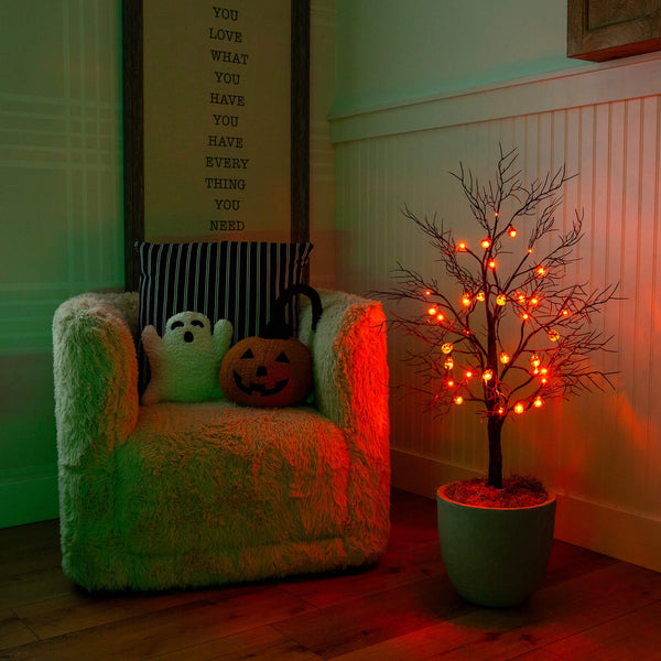3' Pre-Lit Artificial Halloween Black Twig Tree with 18 Orange LED Pumpkin Shaped Lights