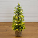 3'  Pre-Lit Artificial Lightly Snowed Cypress Christmas Tree with 38 Warm White LED Lights in Decorative Weaved Basket