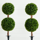 3’ UV Resistant Artificial Double Ball Boxwood Topiary with Integrated Ground Stake (Indoor/Outdoor) - Set of 2