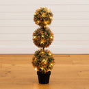 3' UV Resistant Autumn Triple Ball Boxwood Artificial Fall Topiary Tree with 30 Warm White LED Lights (Indoor/Outdoor)