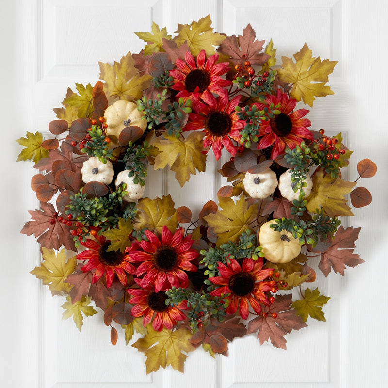 30” Artificial Fall Acorn, Sunflower, Berries and Autumn Foliage Wreath