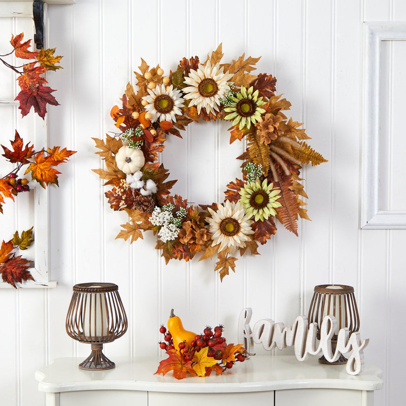 30” Autumn Sunflower, White Pumpkin and Berries Artificial Fall Wreath