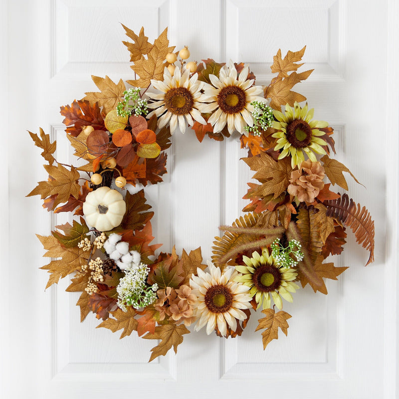 30” Autumn Sunflower, White Pumpkin and Berries Artificial Fall Wreath