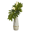 30” Calla Lily Artificial Arrangement in Stoneware Oval Vase with Gold Trimming