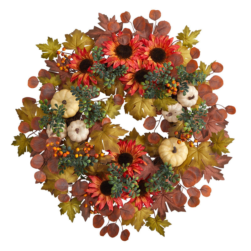 30” Artificial Fall Acorn, Sunflower, Berries and Autumn Foliage Wreath