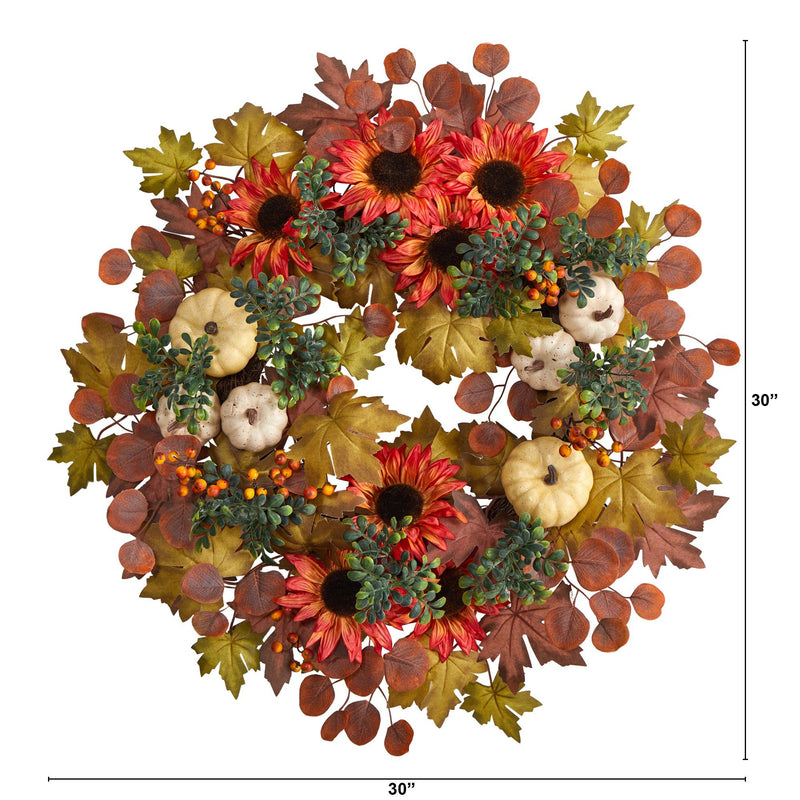 30” Artificial Fall Acorn, Sunflower, Berries and Autumn Foliage Wreath