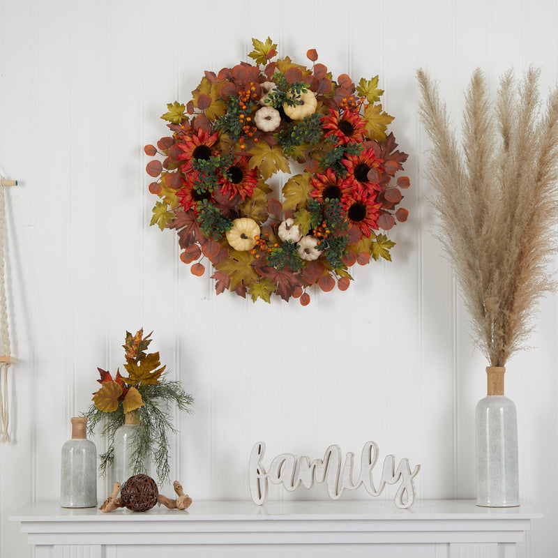 30” Artificial Fall Acorn, Sunflower, Berries and Autumn Foliage Wreath