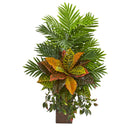 32” Areca Palm and Croton Artificial Plant in Weathered Vase