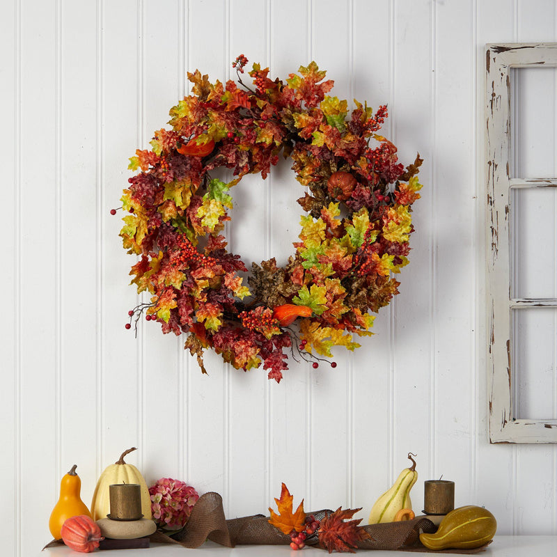 32” Autumn Oak Leaf, Berries and Pumpkin Artificial Autumn Wreath