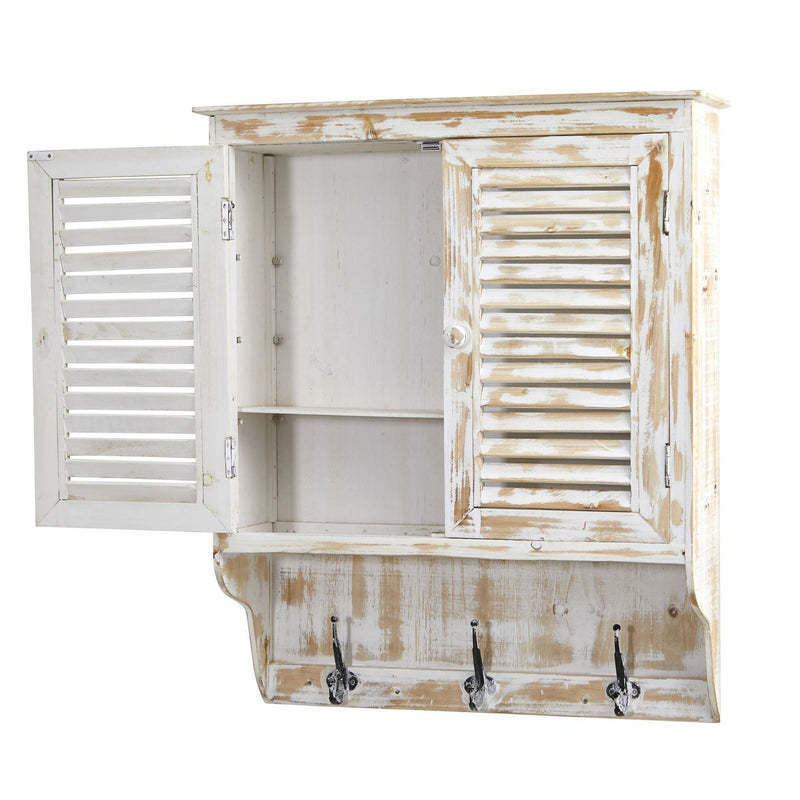 32” White Washed Wall Cabinet with Hooks