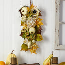 33” Fall Sunflower, Hydrangea and White Pumpkin Artificial Autumn Teardrop