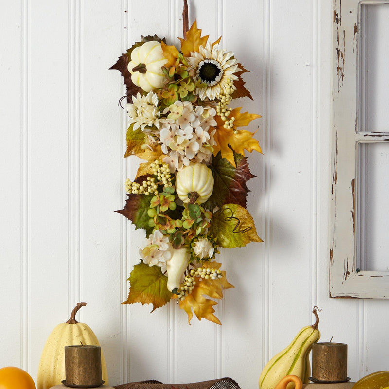 33” Fall Sunflower, Hydrangea and White Pumpkin Artificial Autumn Teardrop