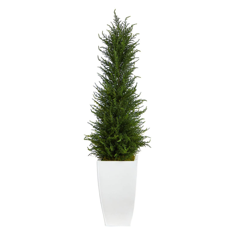 3.5’ Cypress Artificial Tree in White Metal Planter (Indoor/Outdoor)