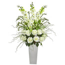 35” Delphinium and Rose Arrangement in White Planter