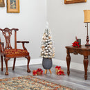 3.5’ Flocked Pencil Artificial Christmas Tree with 50 Clear Lights and 132 Bendable Branches in Gray Planter with Stand