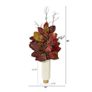 38” Autumn Magnolia Leaf with Berries Artificial Plant in Cream Planter with Gold Base
