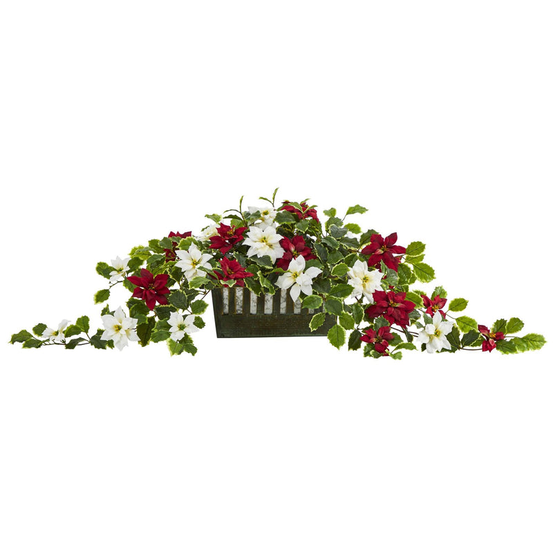 39” Poinsettia and Variegated Holly Artificial Plant in Decorative Planter (Real Touch)