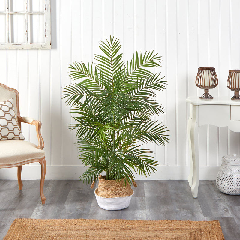 4' Areca Artificial Palm in Boho Chic Handmade Cotton & Jute White Woven Planter