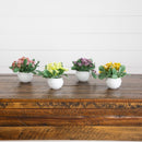 4” Artificial Mini Hydrangea Plant in White Decorative Oval Planter - Set of 4