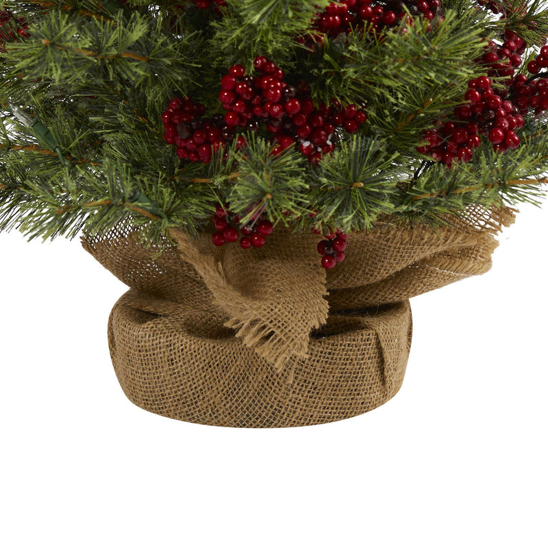 4’ Berry and Pine Artificial Christmas Tree with 100 Warm White Lights and Burlap Wrapped Base