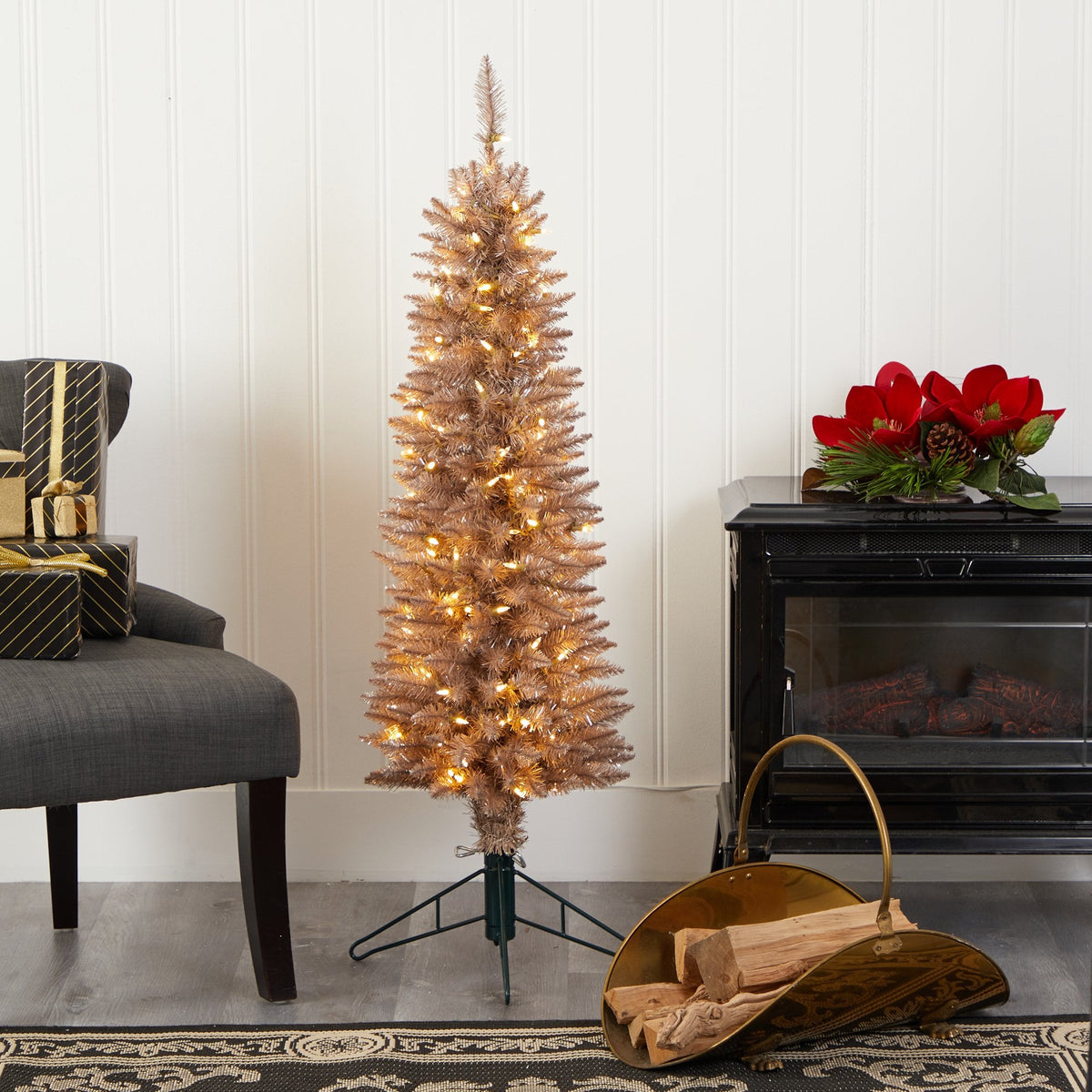 4’ Champagne Pencil Artificial Christmas Tree with 150 (multifunction) Clear LED Lights, photo 6 of 8