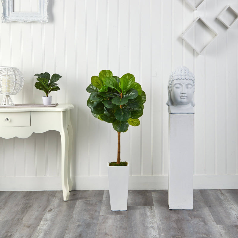 4’ Fiddle Leaf Artificial Tree in White Tower Planter, photo 3 of 3