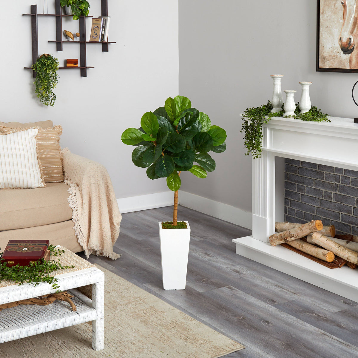 4’ Fiddle Leaf Artificial Tree in White Tower Planter, photo 2 of 3
