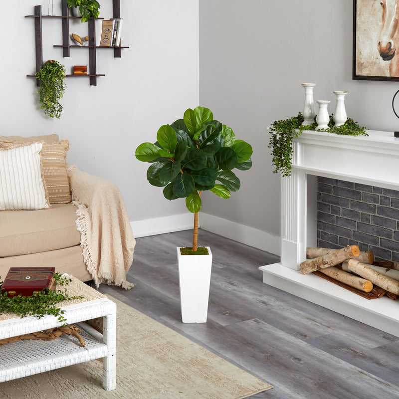 4’ Fiddle Leaf Artificial Tree in White Tower Planter, photo 2 of 3
