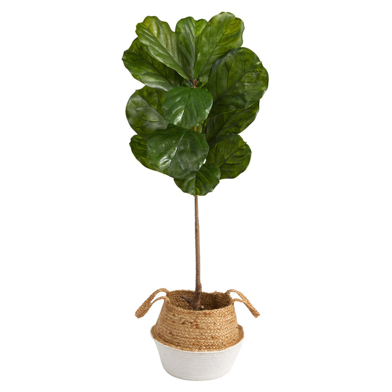 4’ Fiddle Leaf Tree in Boho Chic Handmade Cotton & Jute White Woven Planter UV Resistant